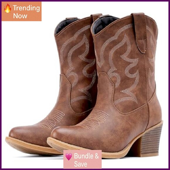 Women's Wide Suede Ankle Western Boots Mid Calf Pointed Toe Chunky - Picture 2 of 8